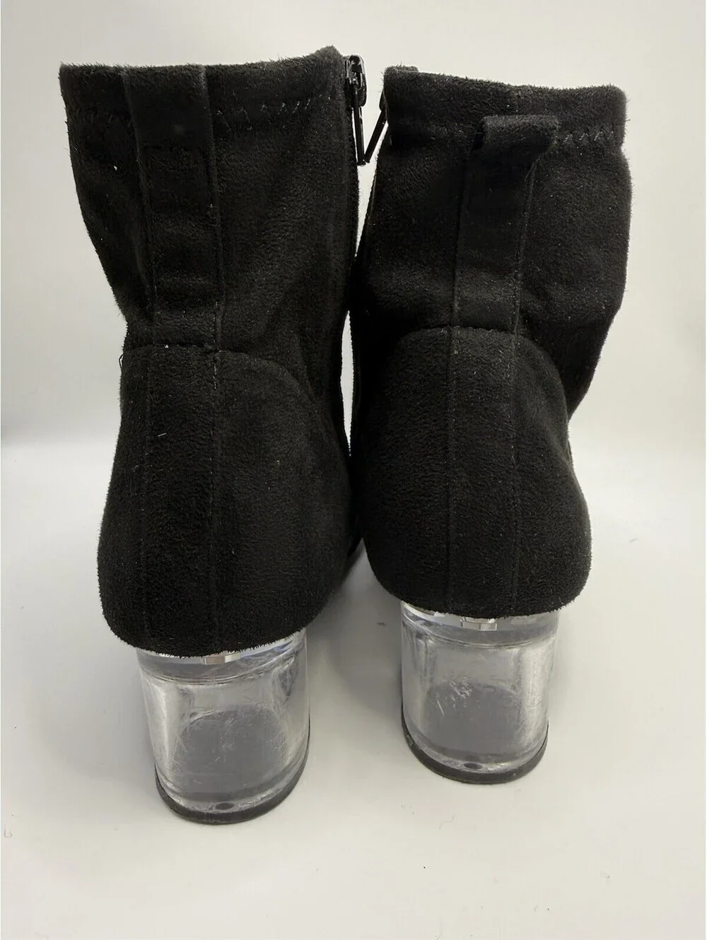 Bar III Lacy Women Black Soft Suede Ankle Bootie Clear Lucite Block Heel Sz 7.5